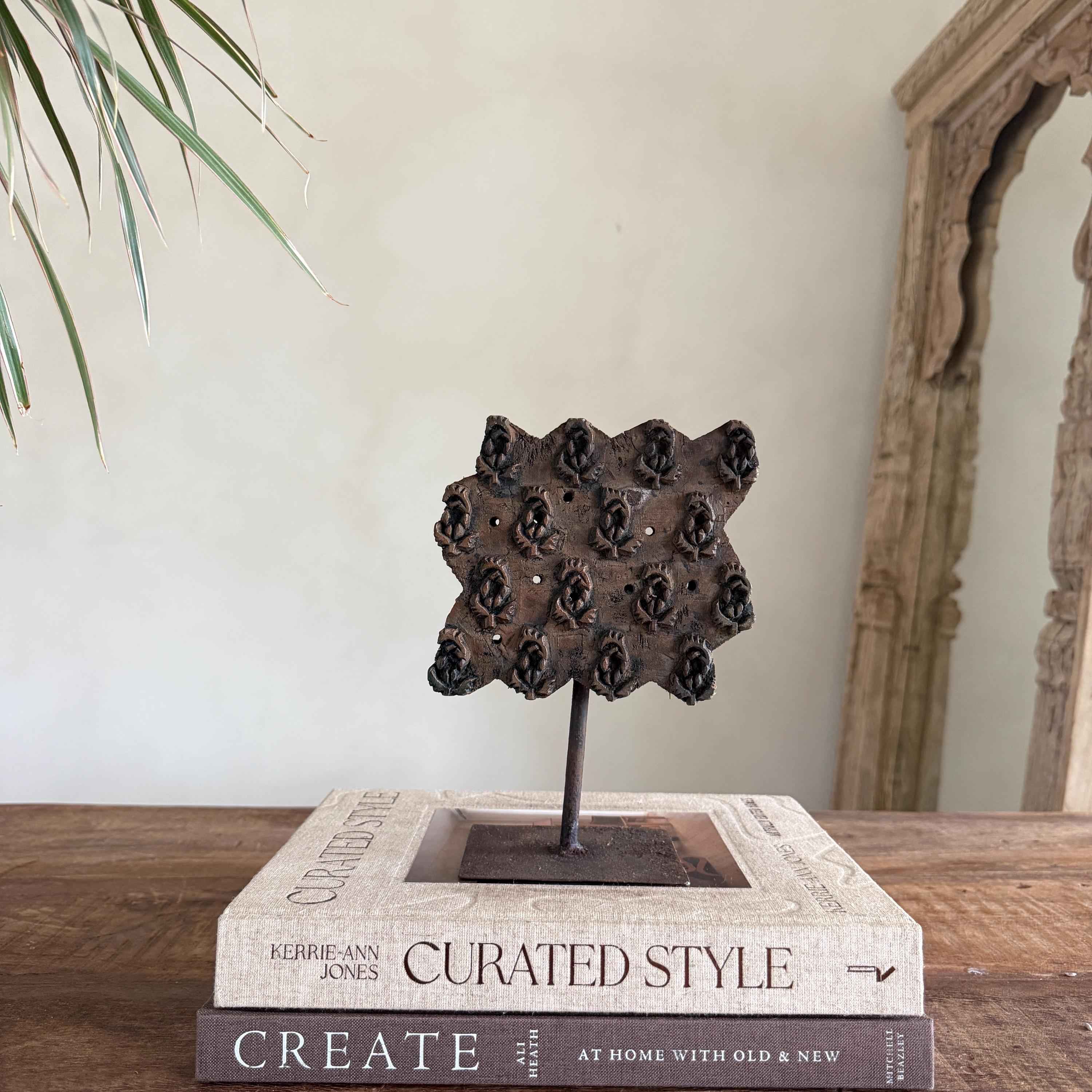 Vintage Teak Wood Textile Block Stamp on Stand