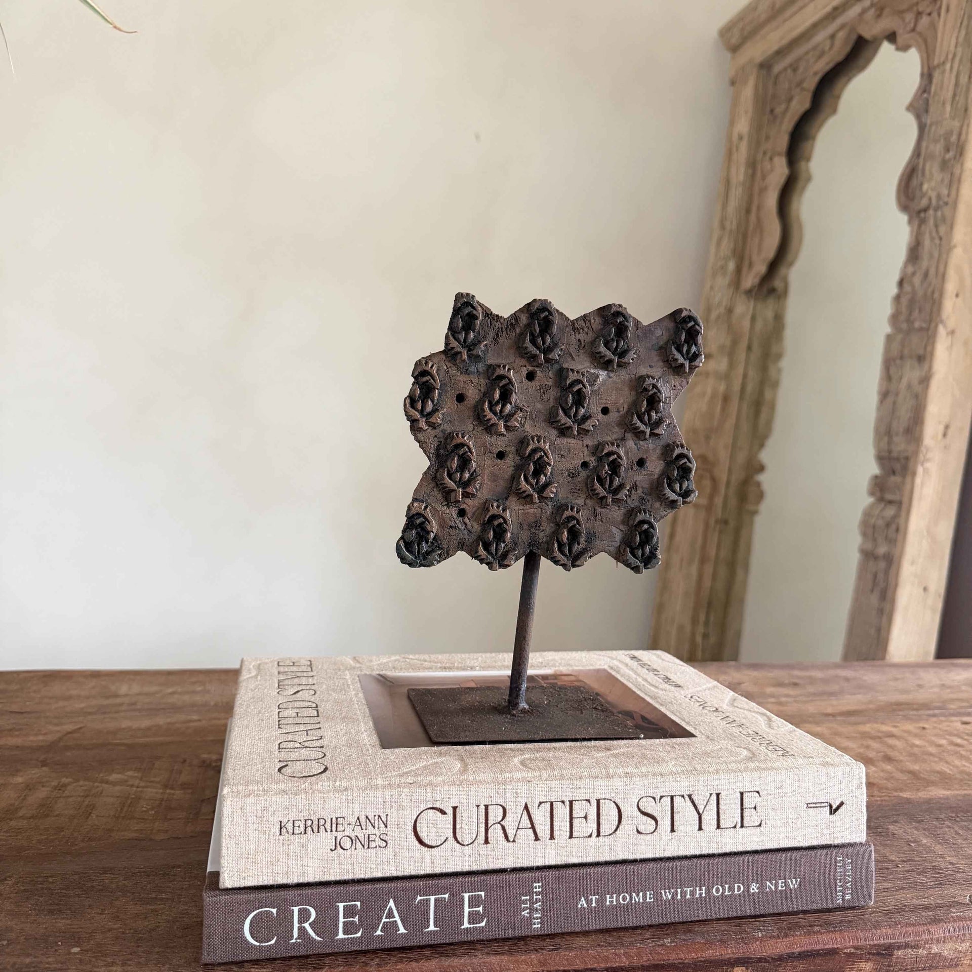 Vintage Teak Wood Textile Block Stamp on Stand