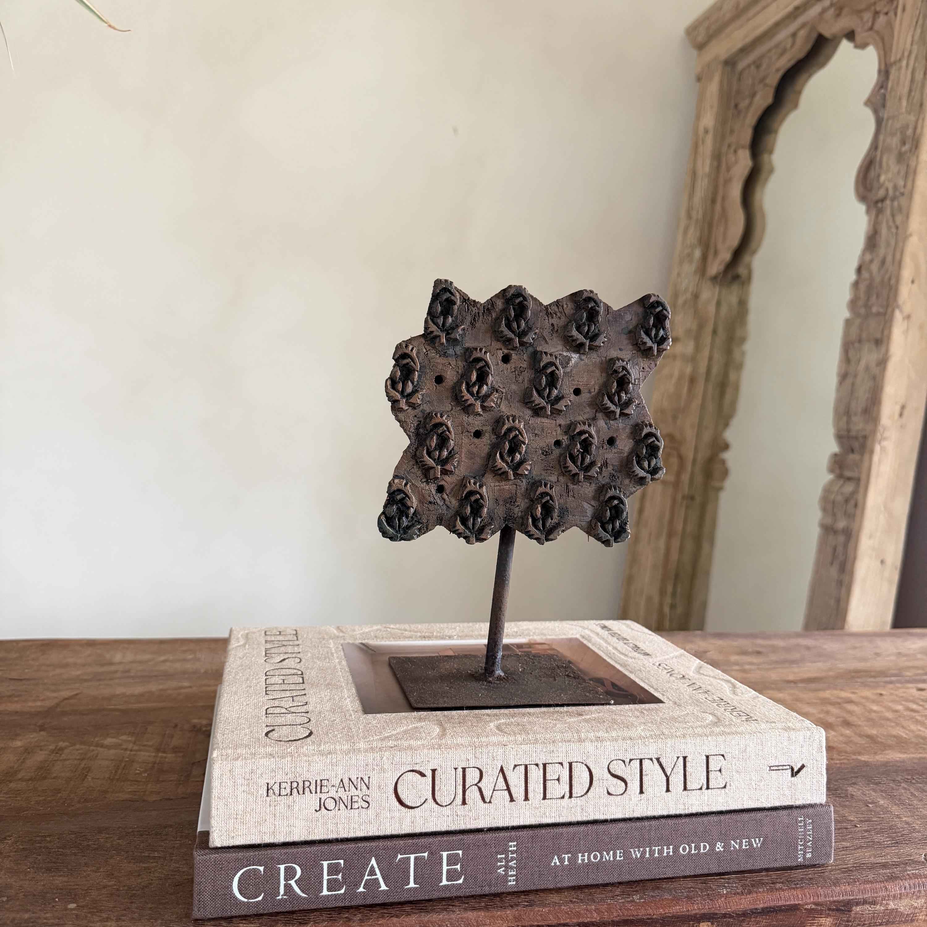 Vintage Teak Wood Textile Block Stamp on Stand