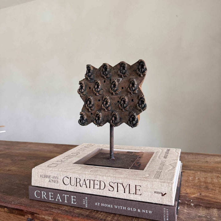 Vintage Teak Wood Textile Block Stamp on Stand