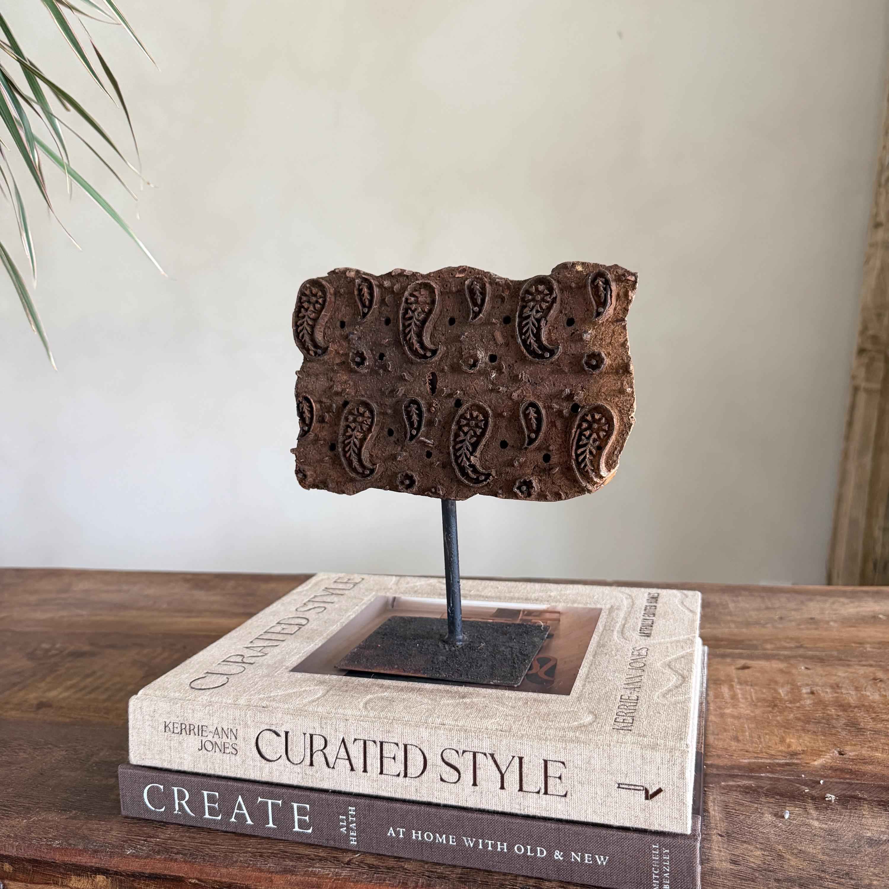 Vintage Wooden Printing Stamp on Iron Stand, Fabric/Textile Print Tool