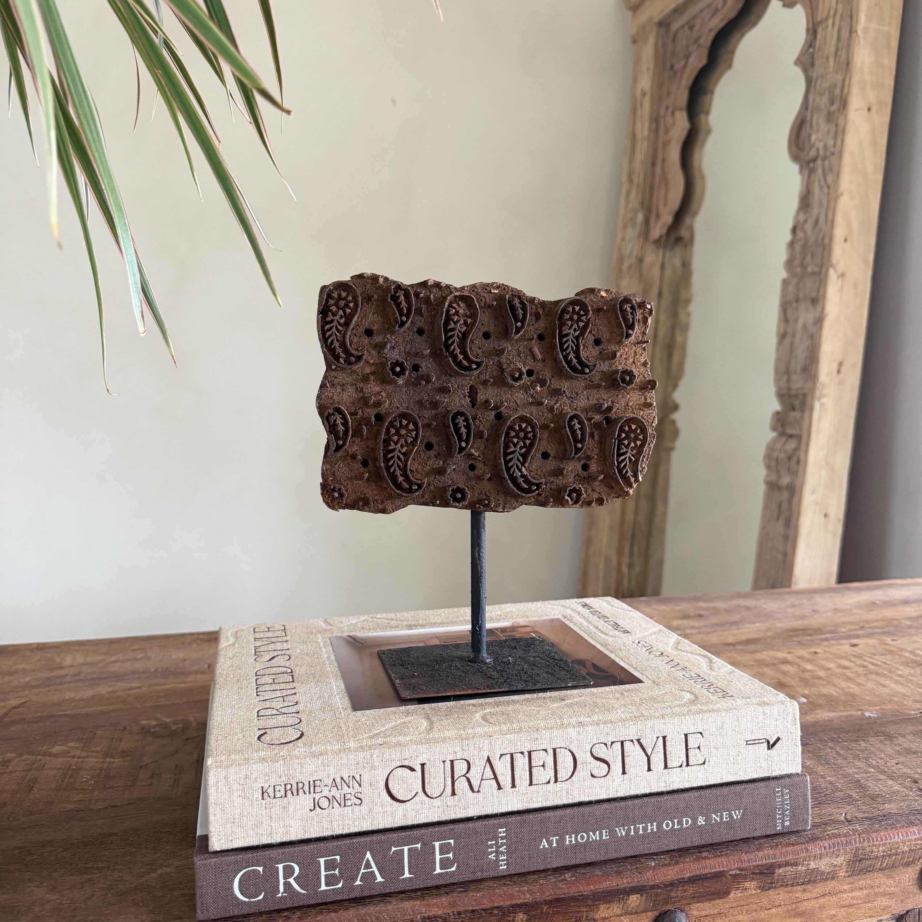 Vintage Wooden Printing Stamp on Iron Stand, Fabric/Textile Print Tool