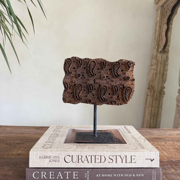 Vintage Wooden Printing Stamp on Iron Stand, Fabric/Textile Print Tool