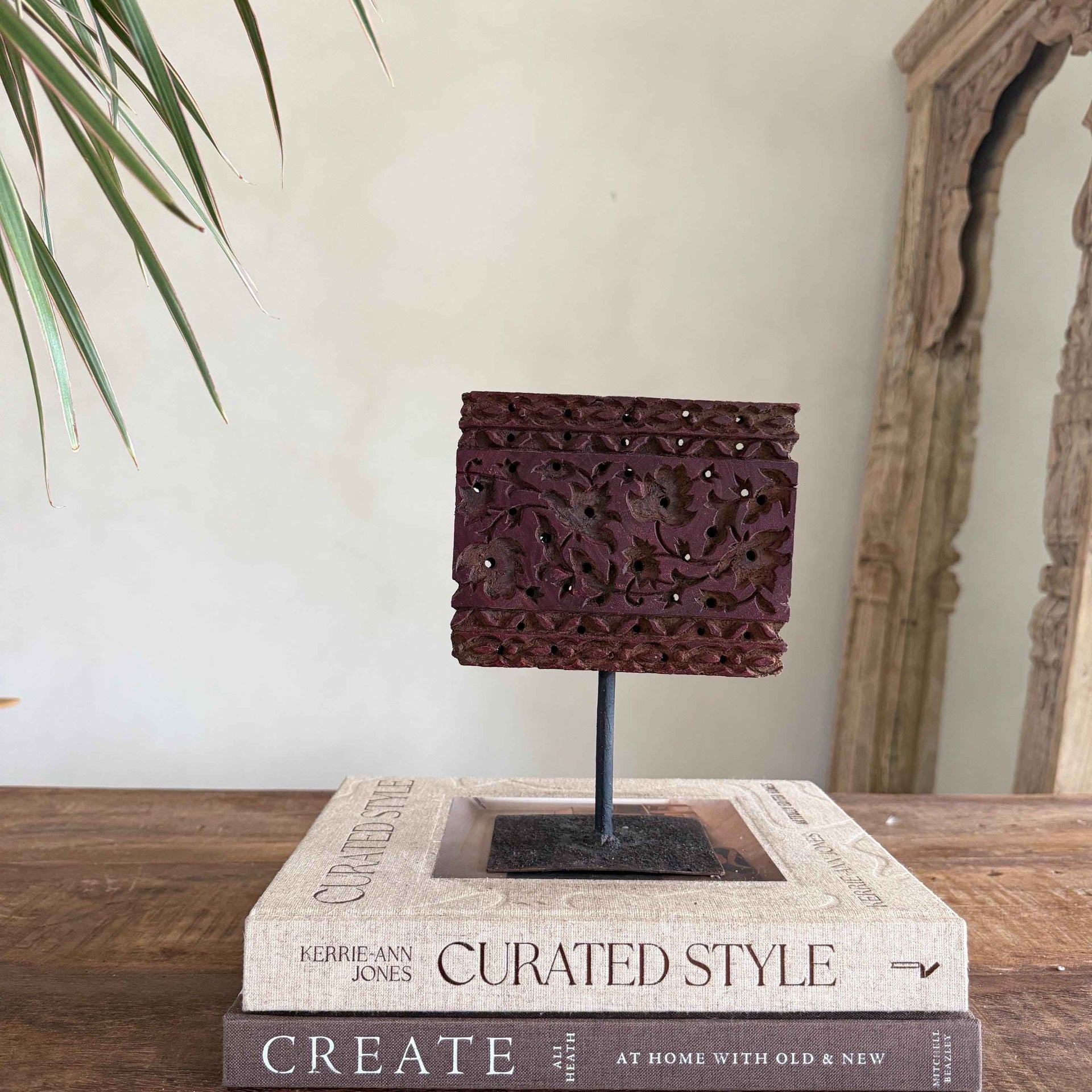 Vintage Wooden Printing Stamp on Iron Stand, Fabric/Textile Print Tool