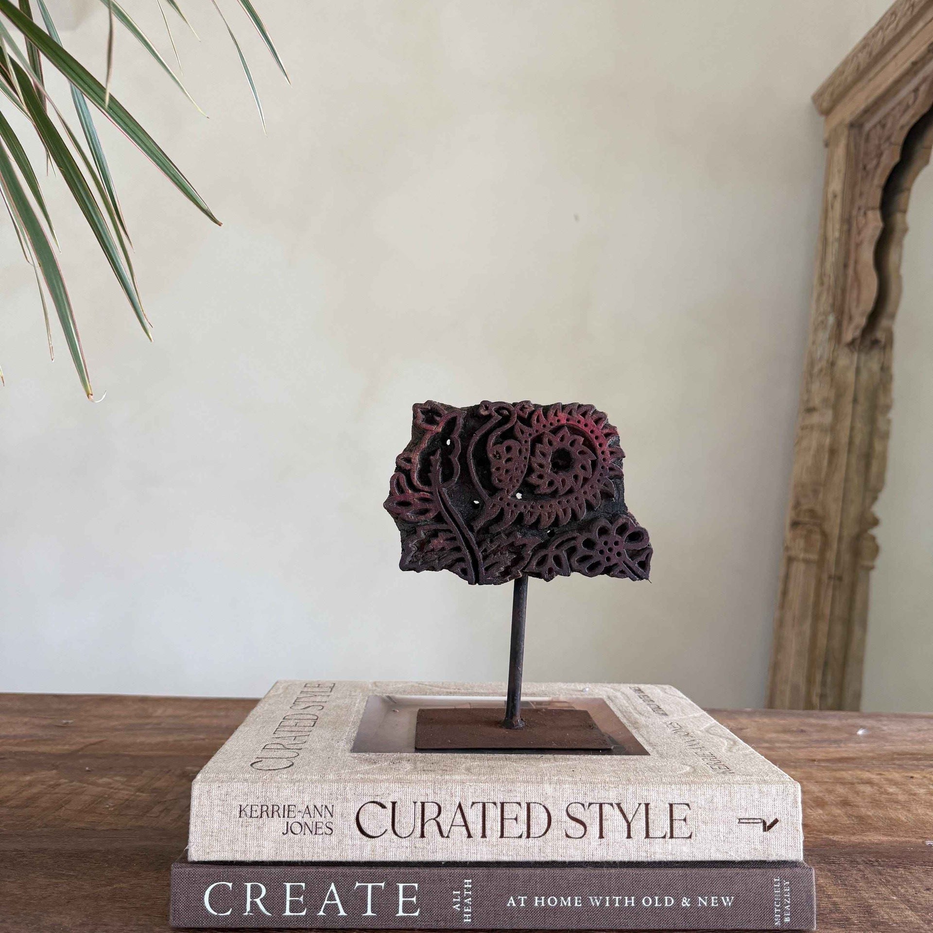 Vintage Wooden Printing Stamp on Iron Stand, Fabric/Textile Print Tool