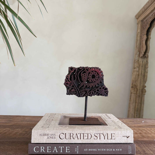 Vintage Wooden Printing Stamp on Iron Stand, Fabric/Textile Print Tool