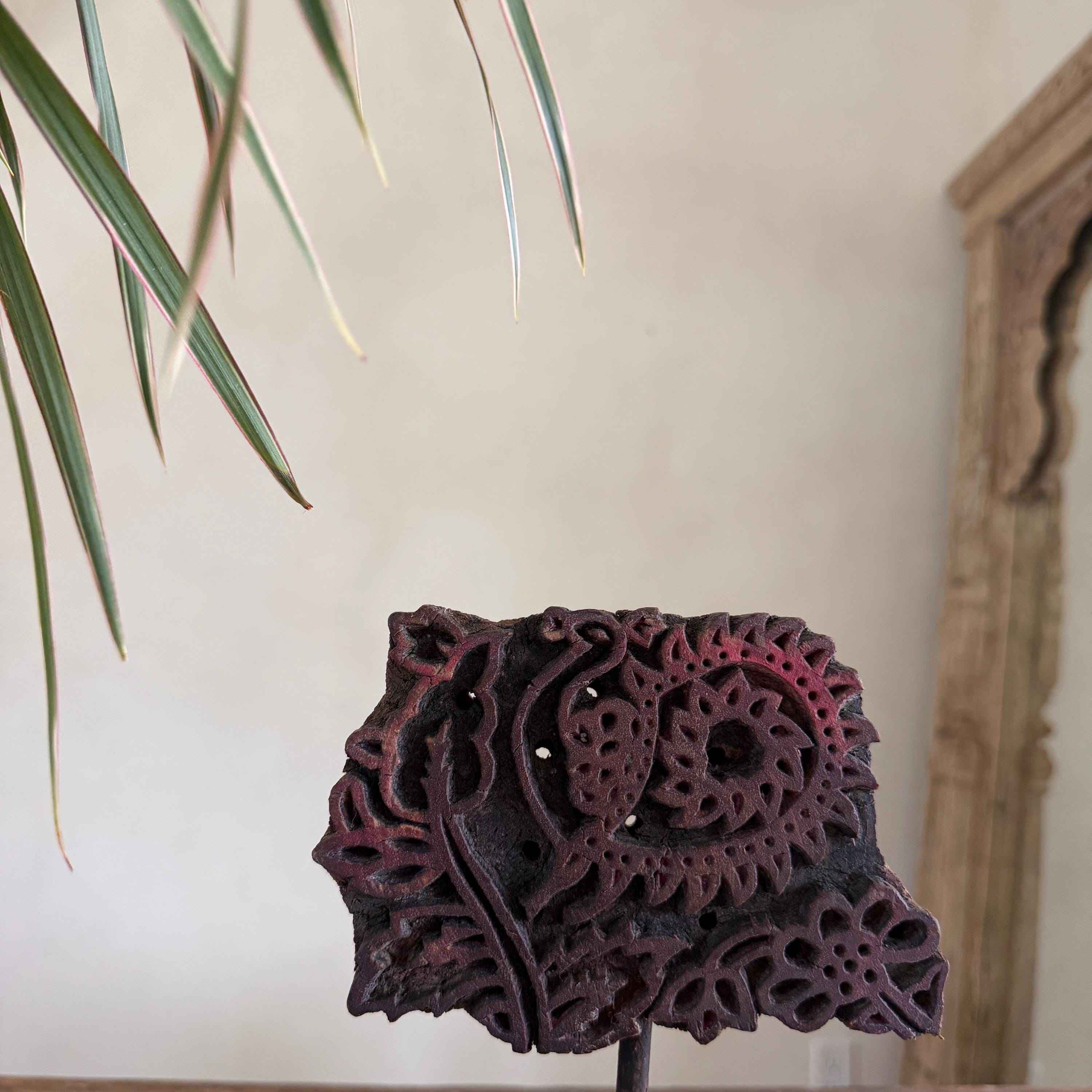 Vintage Wooden Printing Stamp on Iron Stand, Fabric/Textile Print Tool