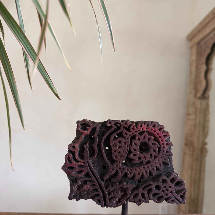 Vintage Wooden Printing Stamp on Iron Stand, Fabric/Textile Print Tool