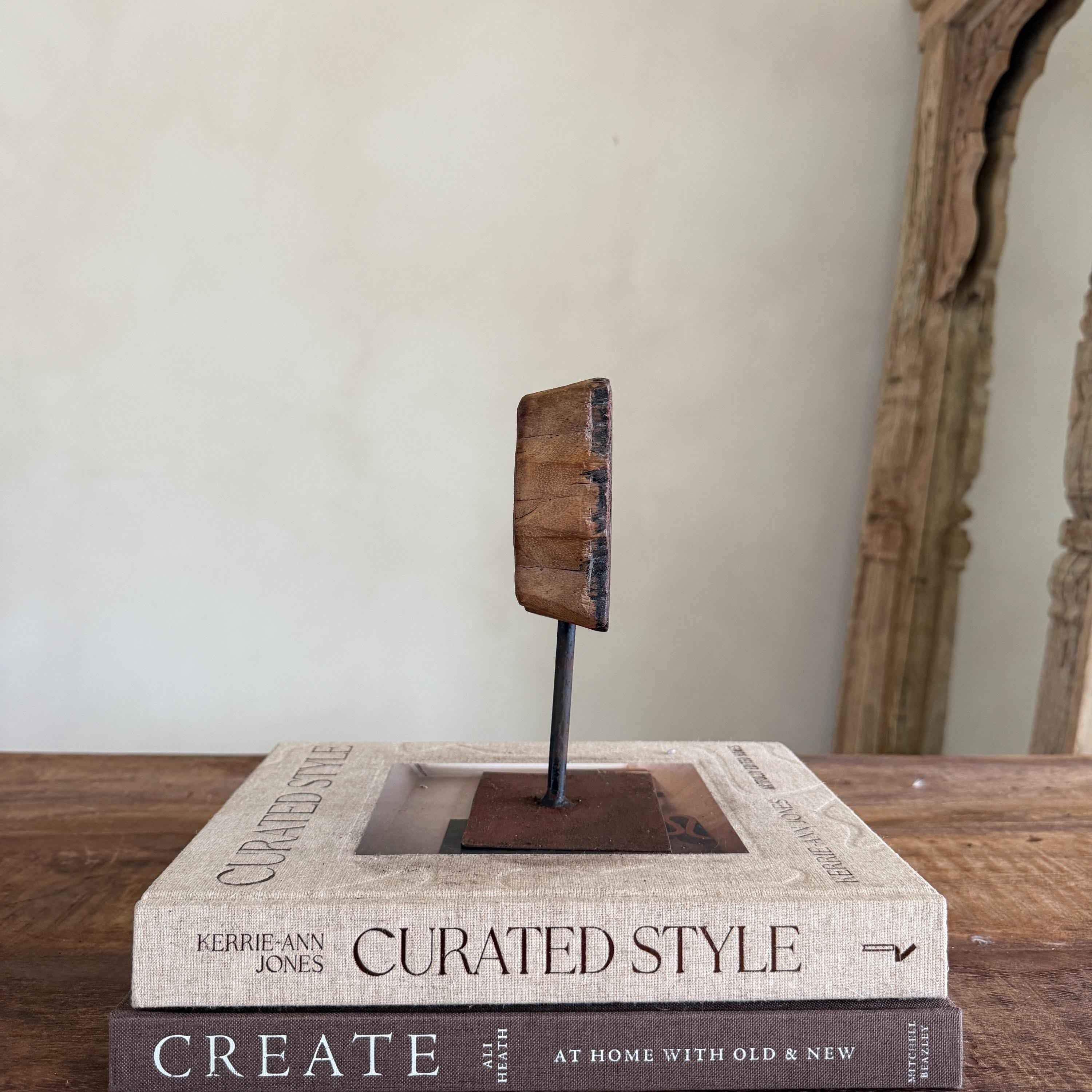 Vintage Wooden Printing Stamp on Iron Stand, Fabric/Textile Print Tool