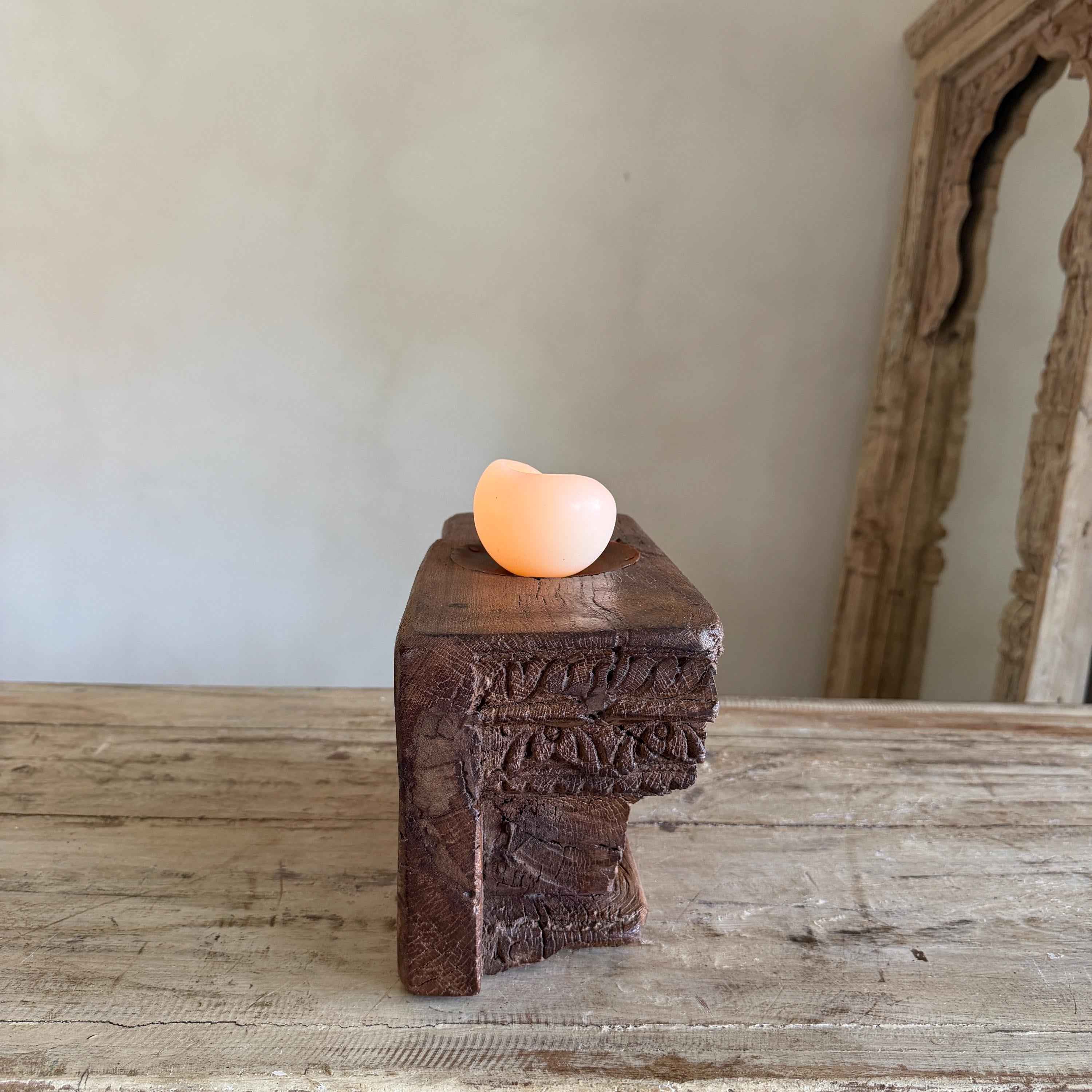 Vintage Teak Palace Capital Candle Holder | Hand-Carved Royal Relic