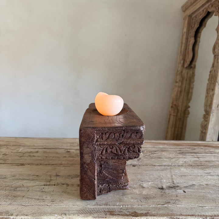 Vintage Teak Palace Capital Candle Holder | Hand-Carved Royal Relic