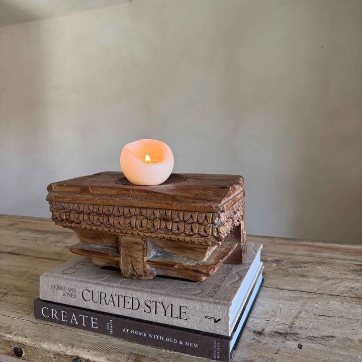 Vintage Teak Palace Capital Candle Holder | Hand-Carved Royal Relic
