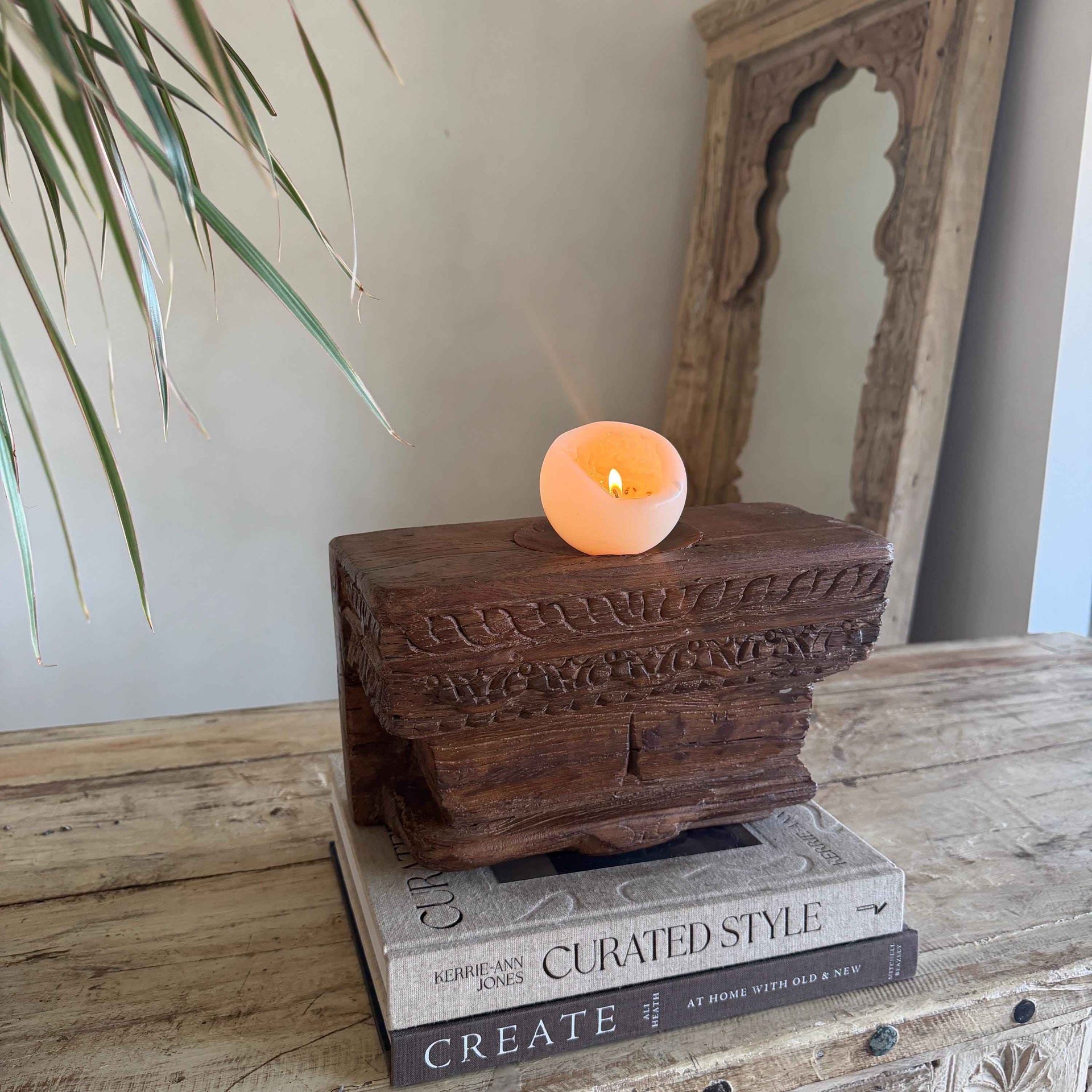 Vintage Teak Palace Capital Candle Holder | Hand-Carved Royal Relic