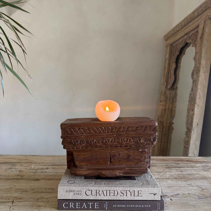 Vintage Teak Palace Capital Candle Holder | Hand-Carved Royal Relic