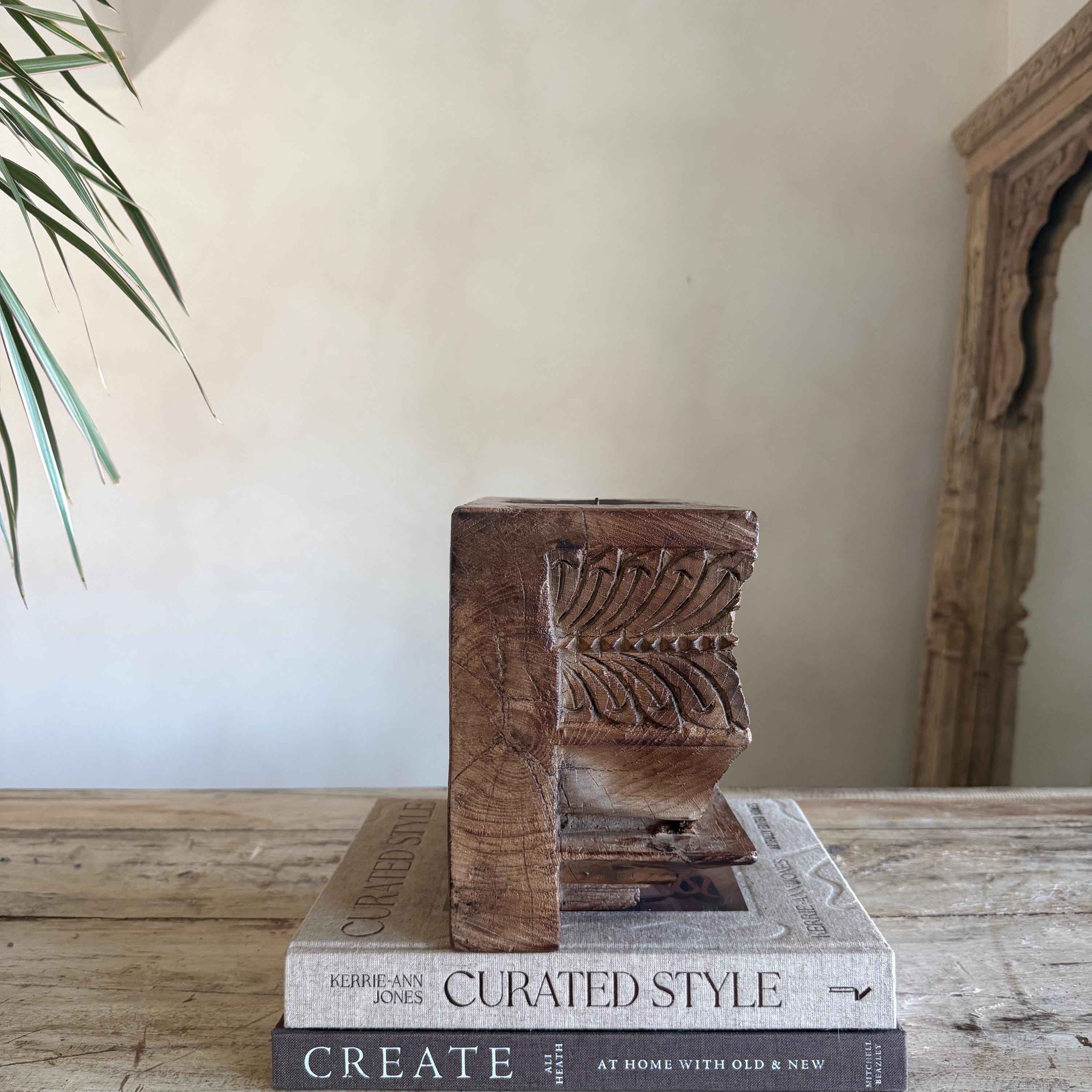 Vintage Teak Palace Capital Candle Holder | Hand-Carved Royal Relic