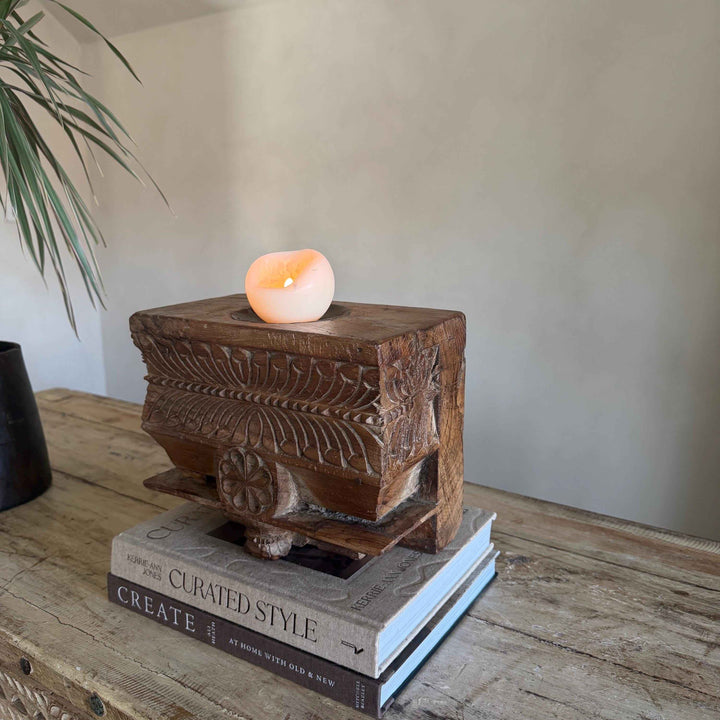 Vintage Teak Palace Capital Candle Holder | Hand-Carved Royal Relic