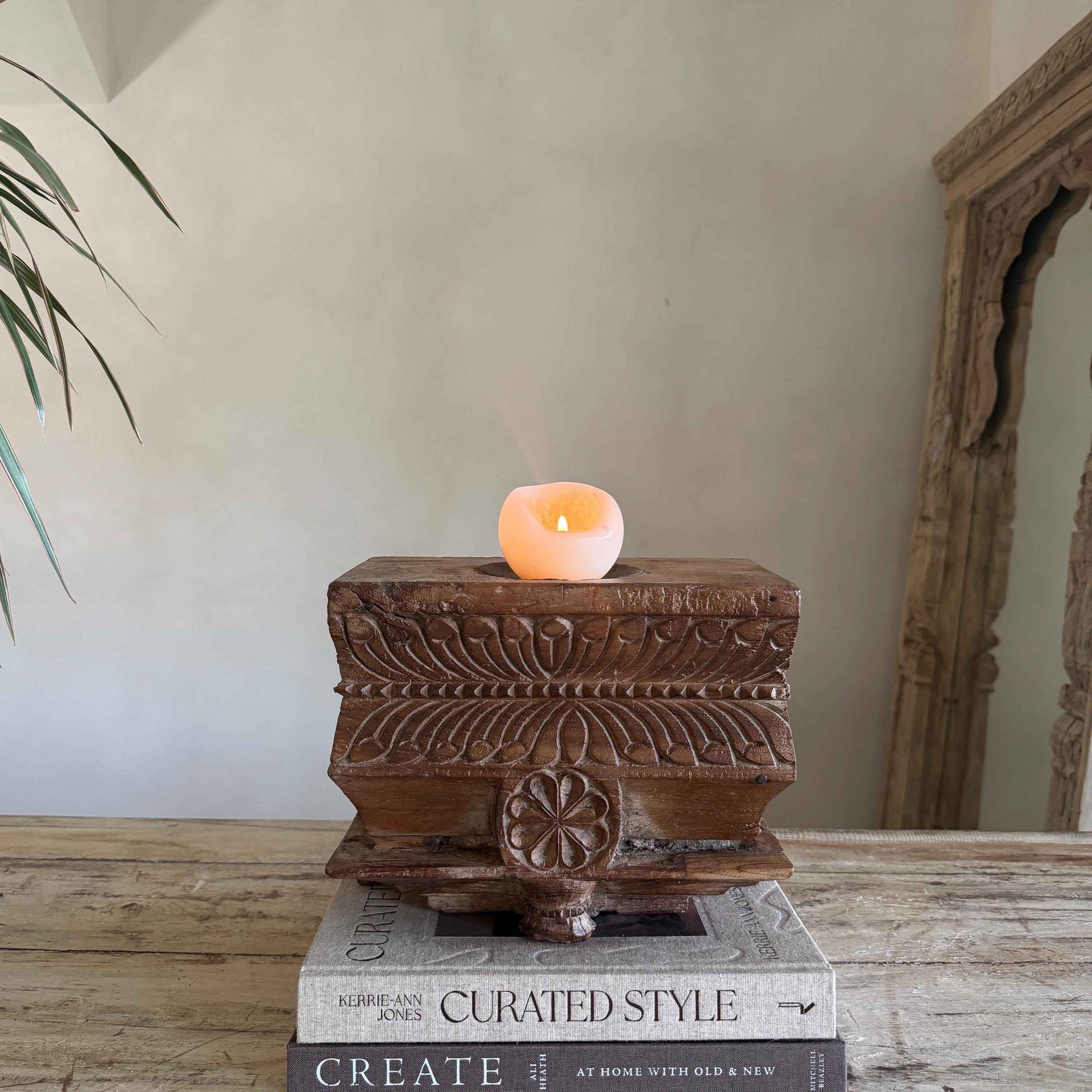 Vintage Teak Palace Capital Candle Holder | Hand-Carved Royal Relic