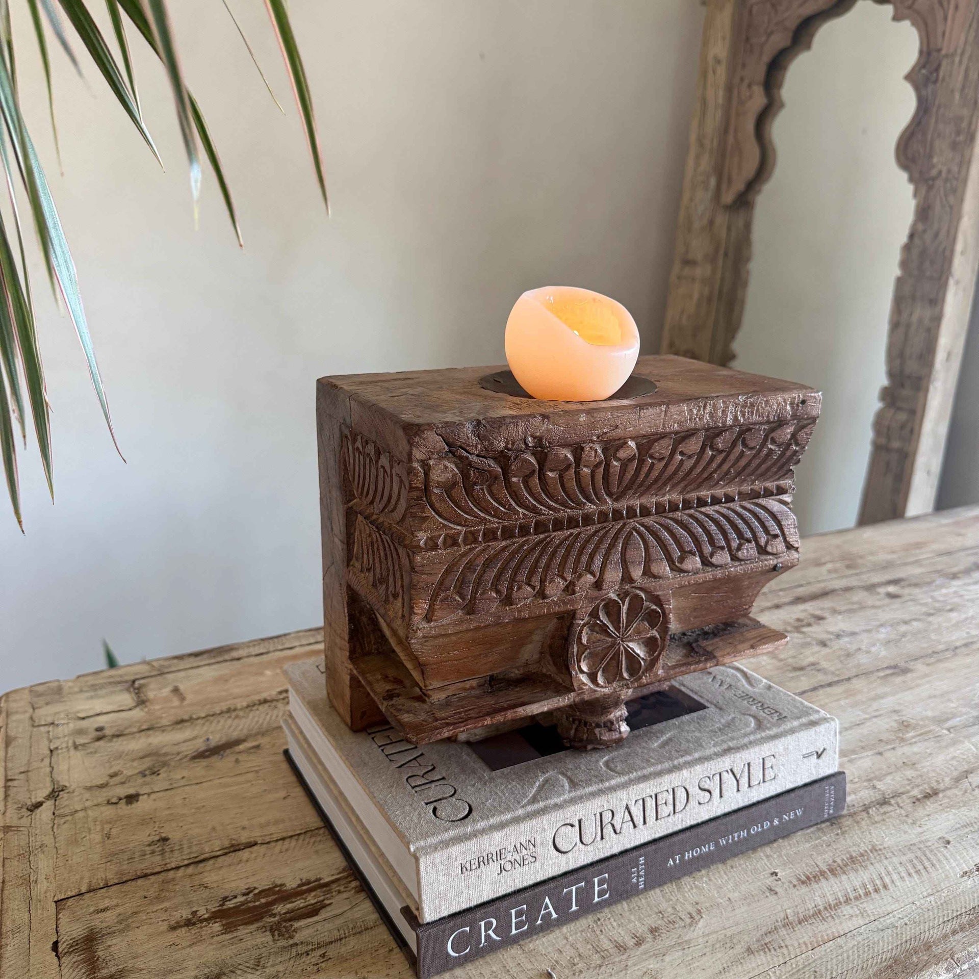 Vintage Teak Palace Capital Candle Holder | Hand-Carved Royal Relic