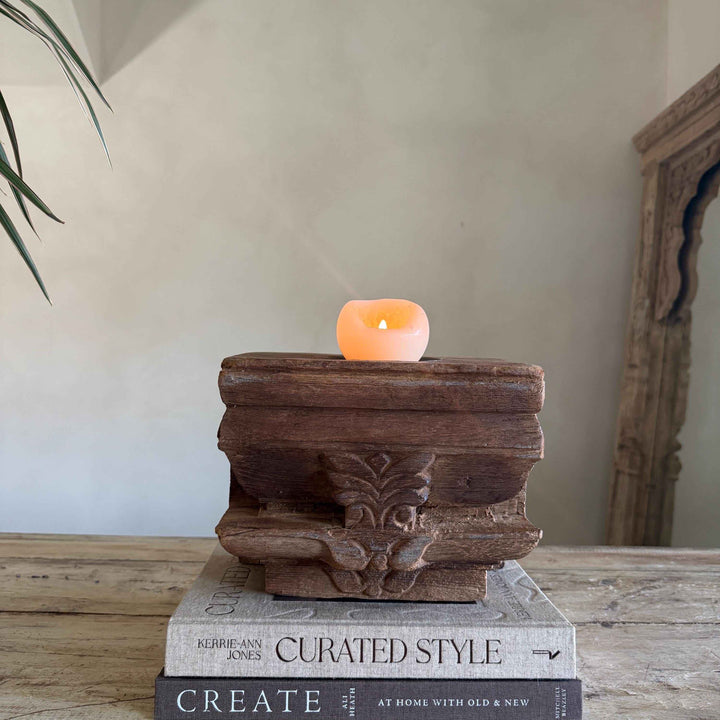 Vintage Teak Palace Capital Candle Holder | Hand-Carved Royal Relic