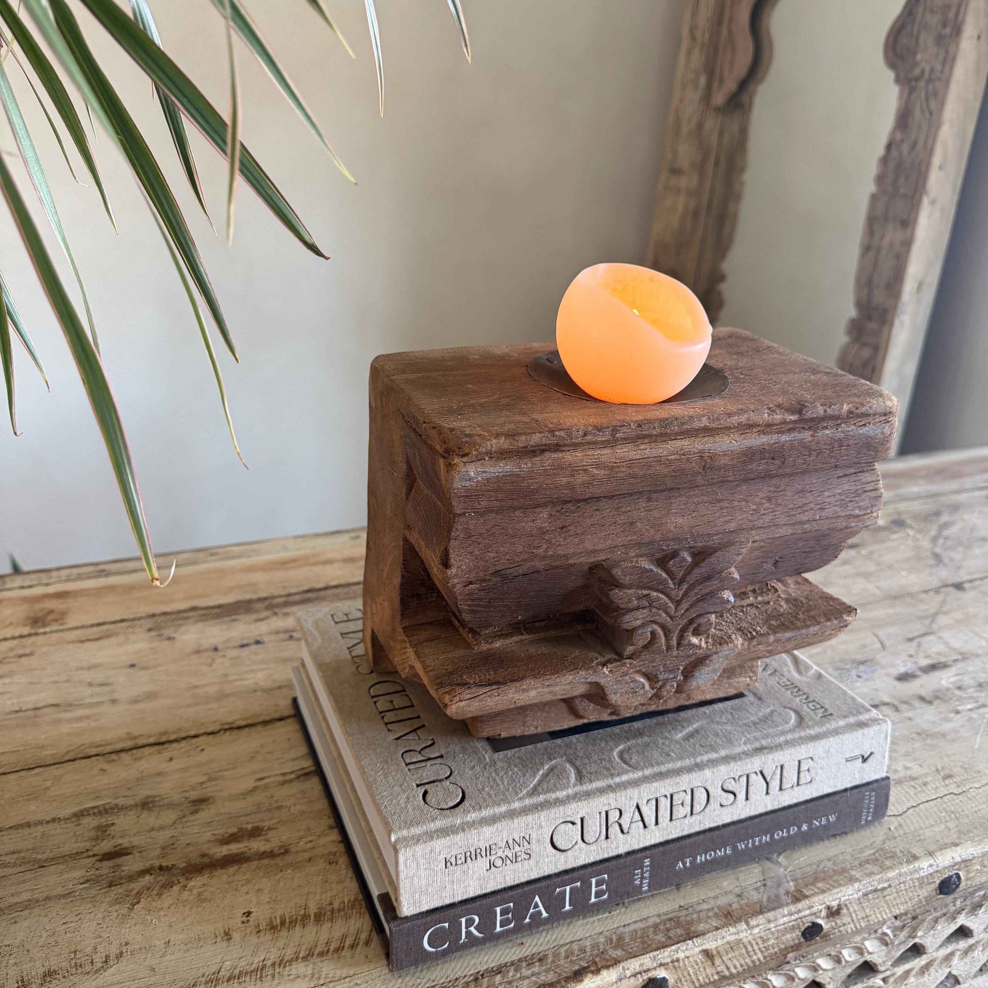 Vintage Teak Palace Capital Candle Holder | Hand-Carved Royal Relic