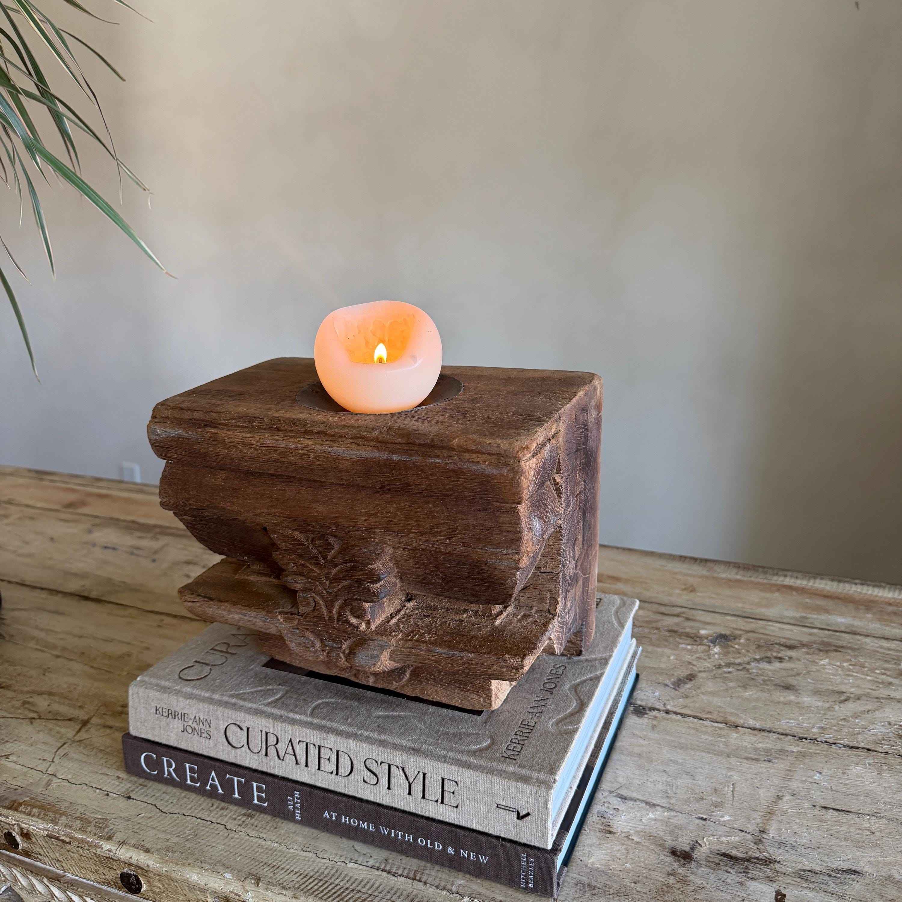 Vintage Teak Palace Capital Candle Holder | Hand-Carved Royal Relic