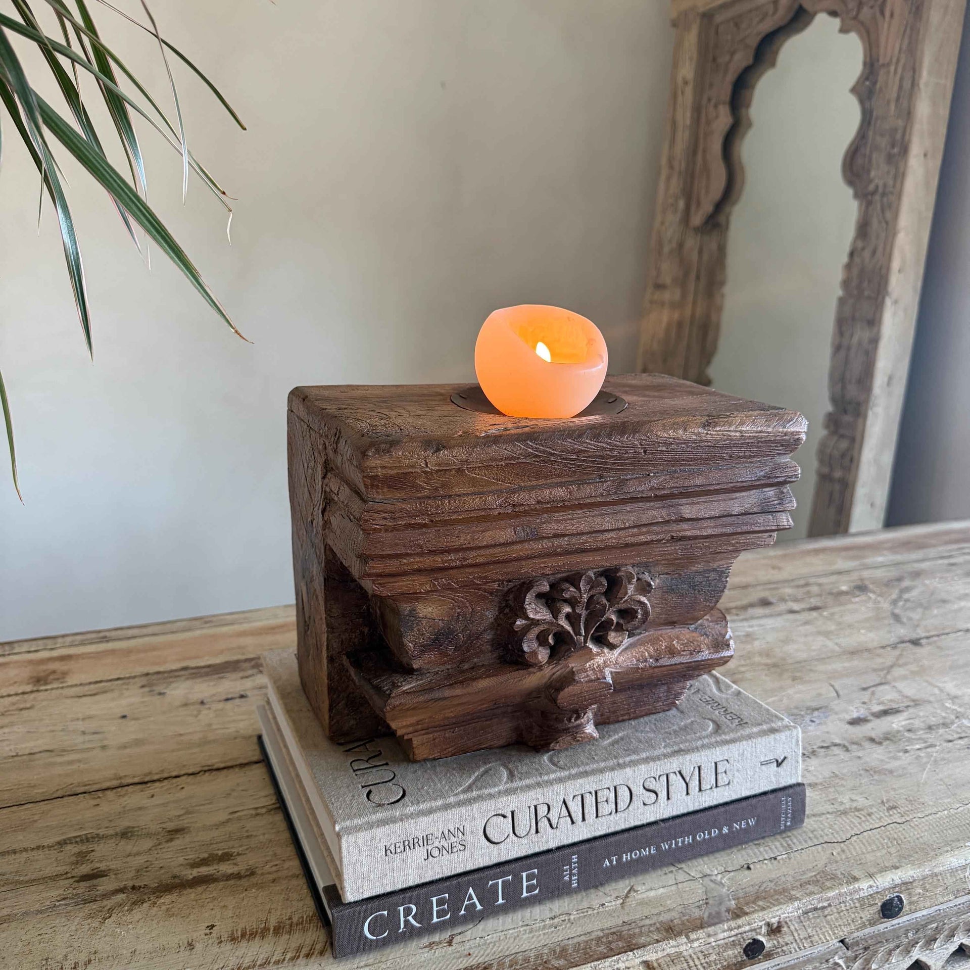 Vintage Teak Palace Capital Candle Holder | Hand-Carved Royal Relic