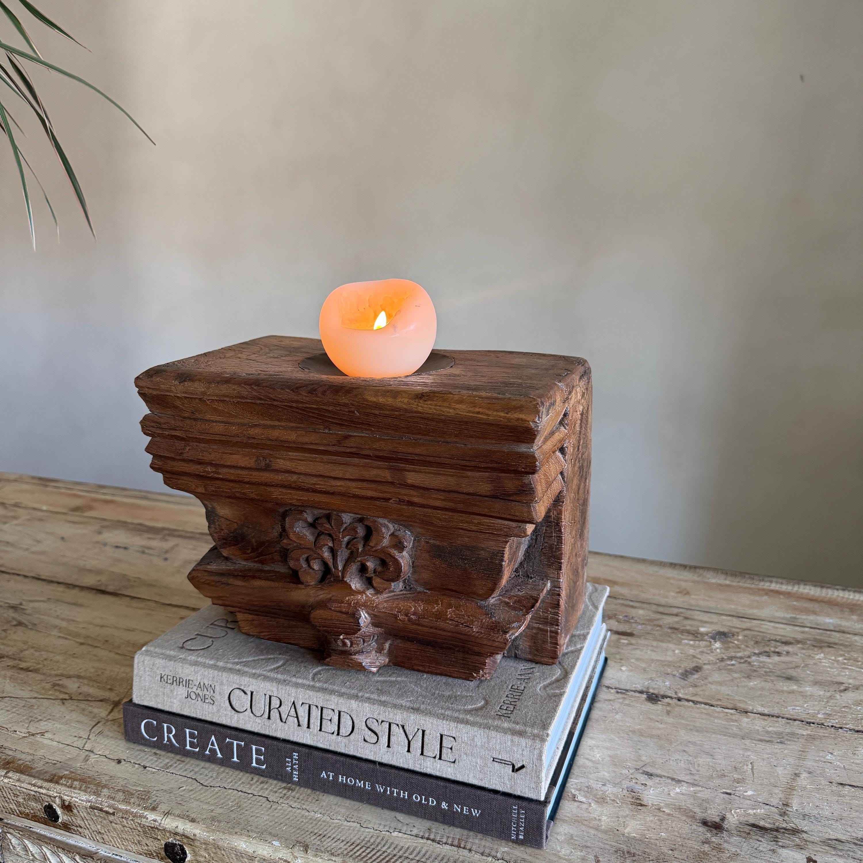 Vintage Teak Palace Capital Candle Holder | Hand-Carved Royal Relic