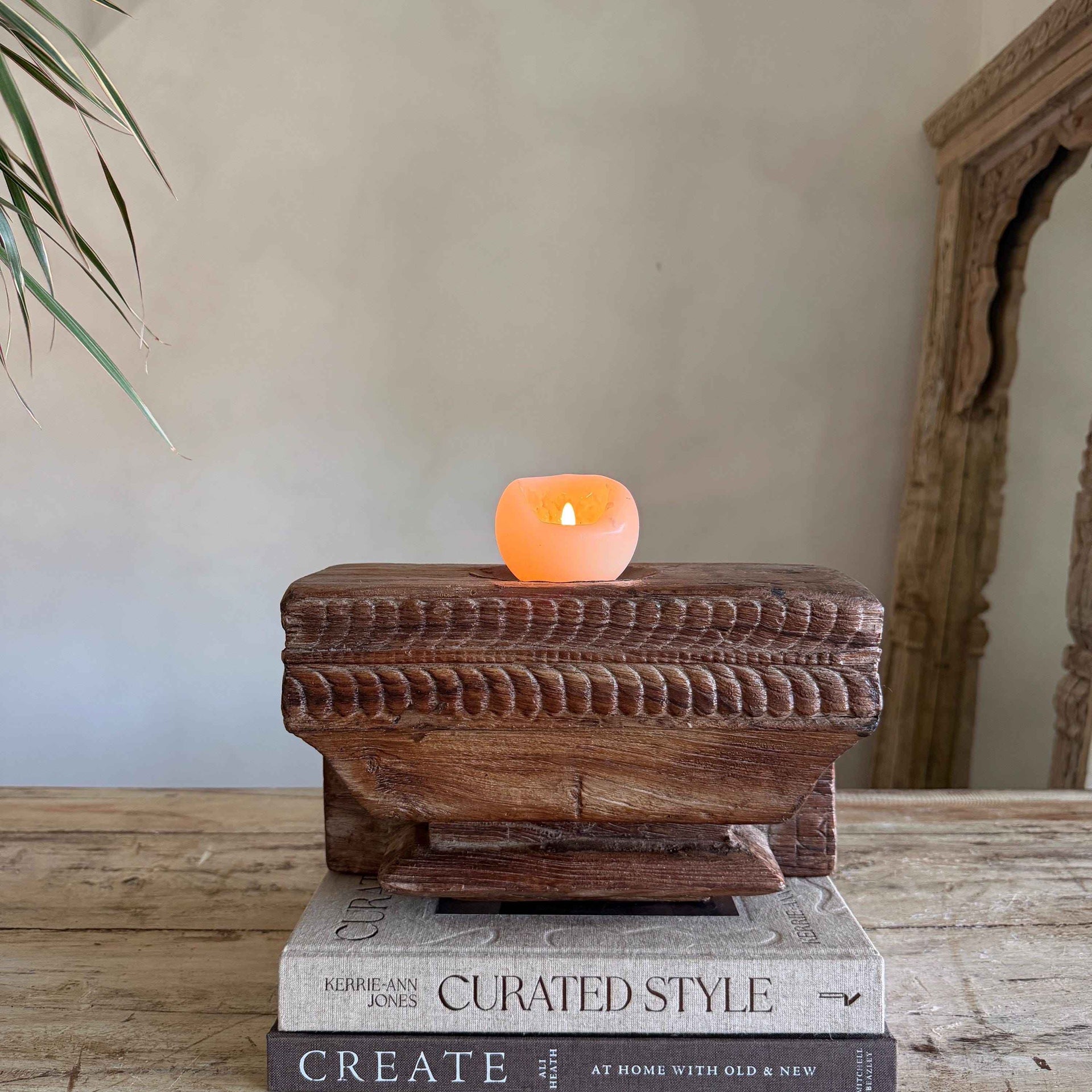 Vintage Teak Palace Capital Candle Holder | Hand-Carved Royal Relic