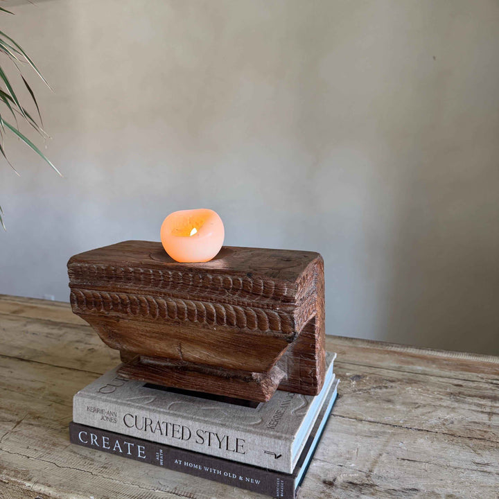 Vintage Teak Palace Capital Candle Holder | Hand-Carved Royal Relic