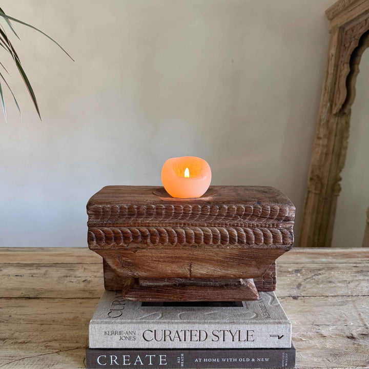 Vintage Teak Palace Capital Candle Holder | Hand-Carved Royal Relic