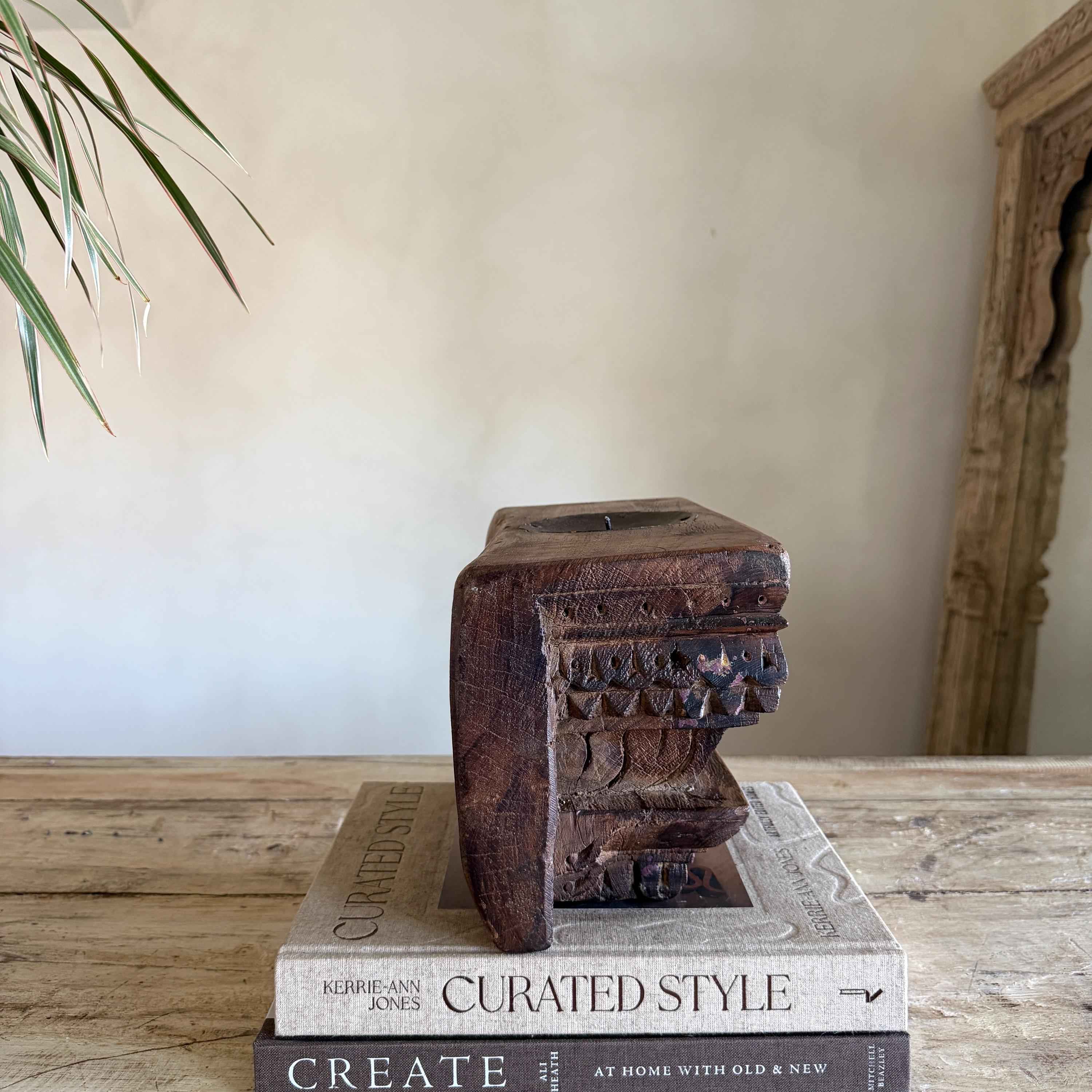 Vintage Teak Palace Capital Candle Holder | Hand-Carved Royal Relic