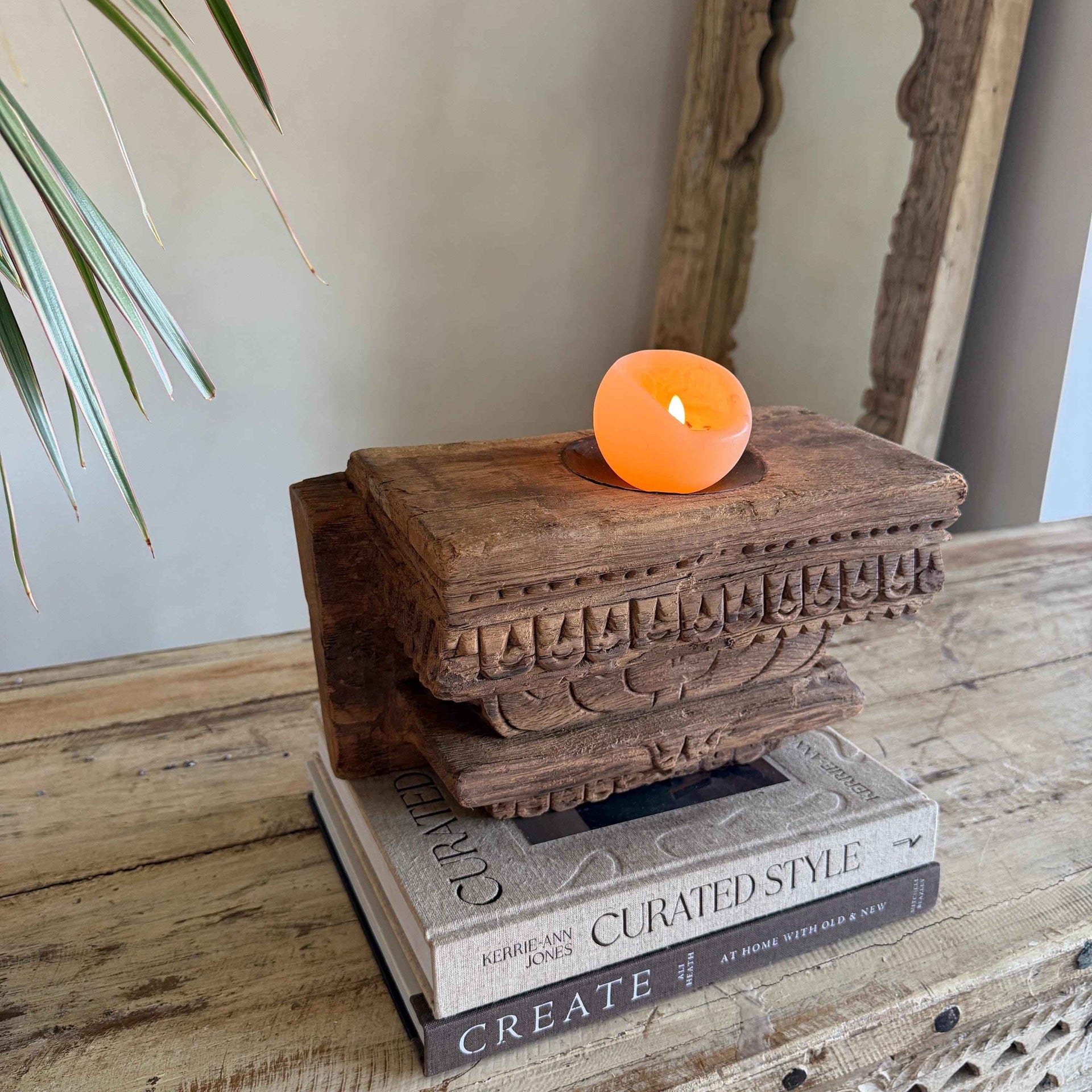 Vintage Teak Palace Capital Candle Holder | Hand-Carved Royal Relic