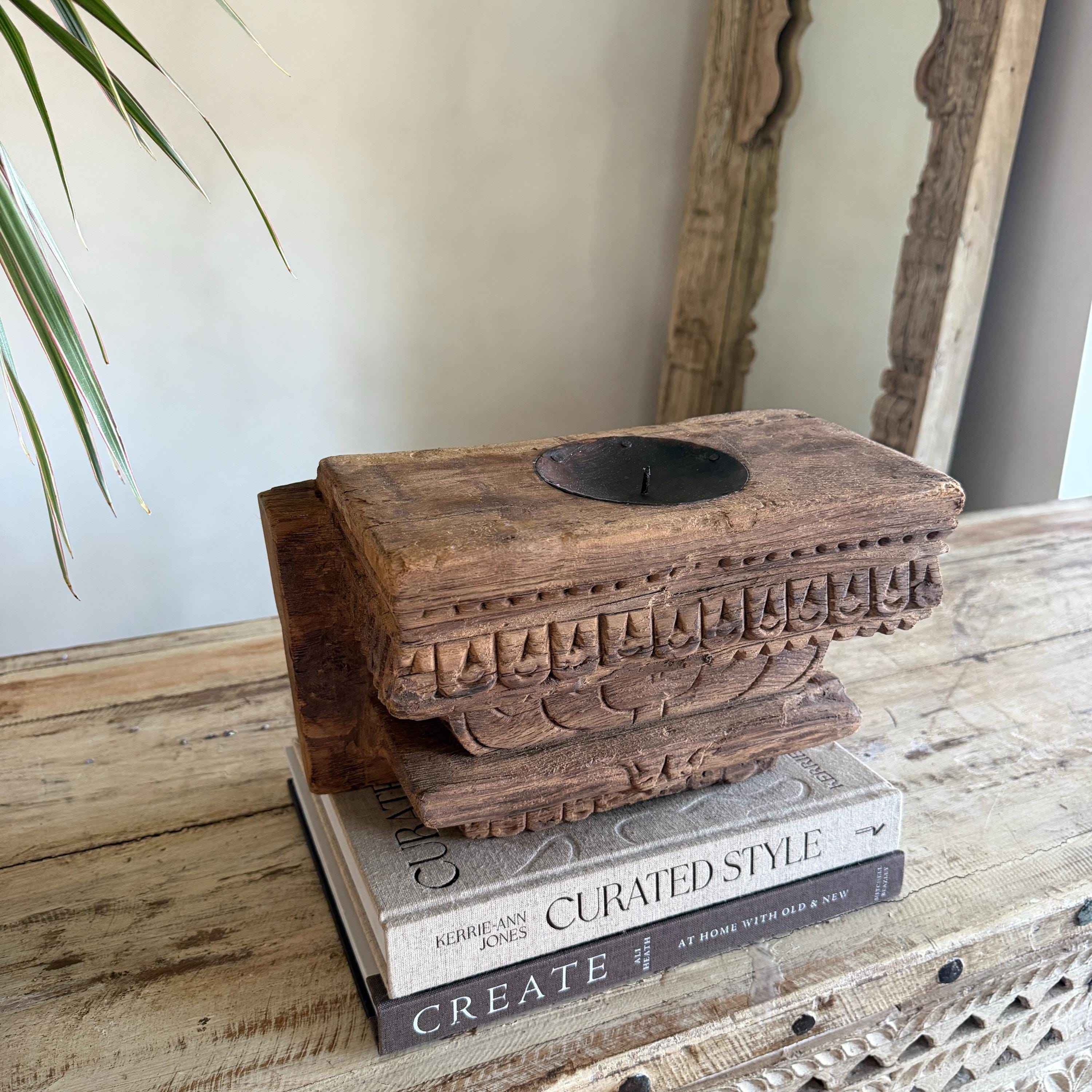Vintage Teak Palace Capital Candle Holder | Hand-Carved Royal Relic