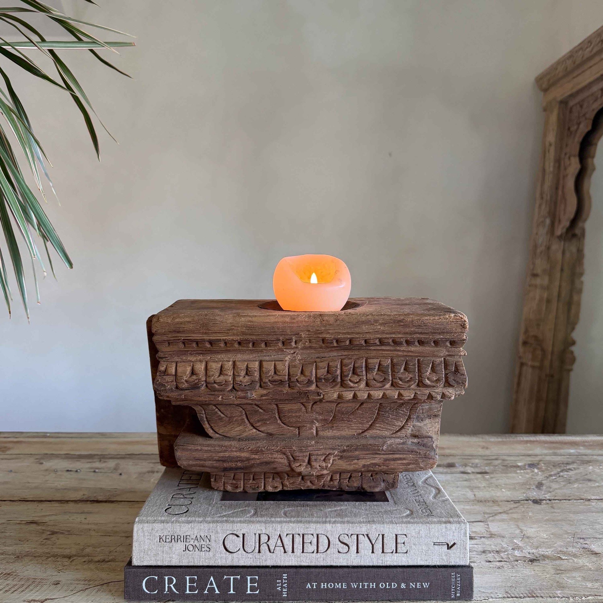 Vintage Teak Palace Capital Candle Holder | Hand-Carved Royal Relic