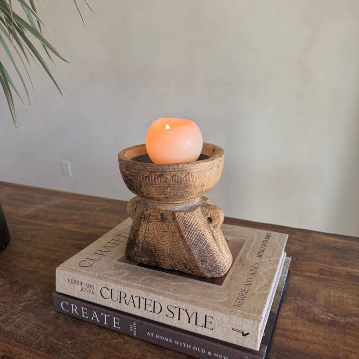 Vintage Teak Seeder Pillar Candle Holder | Hand-Carved Antique Farm Tool
