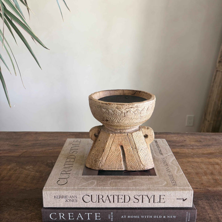 Vintage Teak Seeder Pillar Candle Holder | Hand-Carved Antique Farm Tool