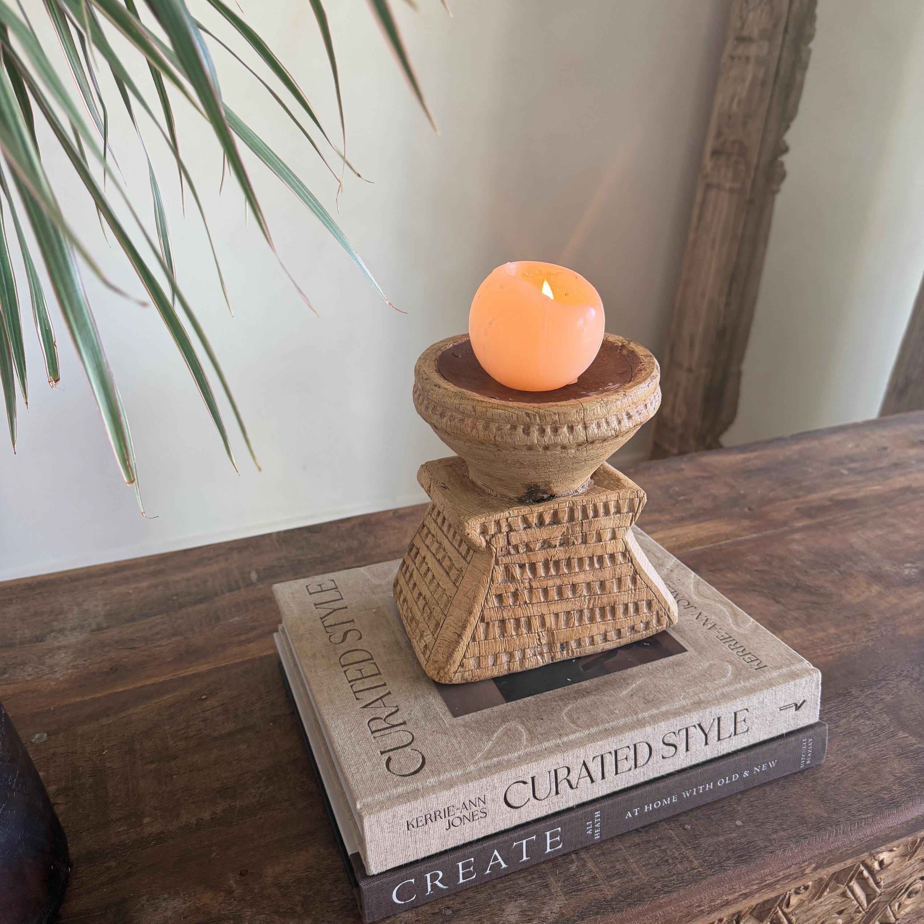 Vintage Teak Seeder Pillar Candle Holder | Hand-Carved Antique Farm Tool