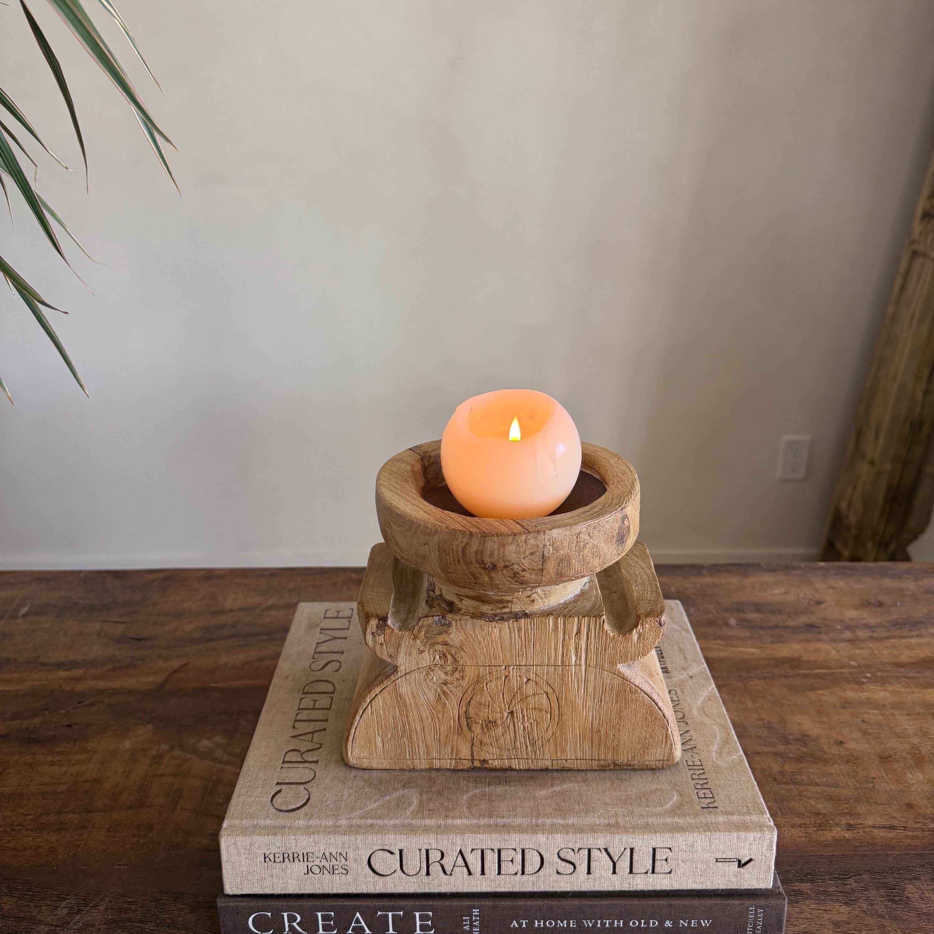 Vintage Teak Seeder Pillar Candle Holder | Hand-Carved Antique Farm Tool