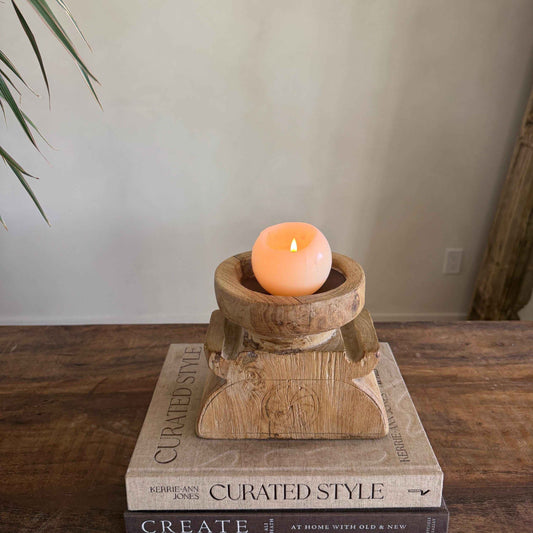 Vintage Teak Seeder Pillar Candle Holder | Hand-Carved Antique Farm Tool