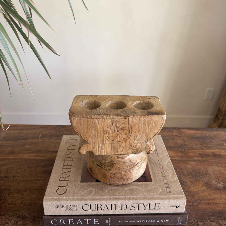 Vintage Teak Seeder Pillar Candle Holder | Hand-Carved Antique Farm Tool