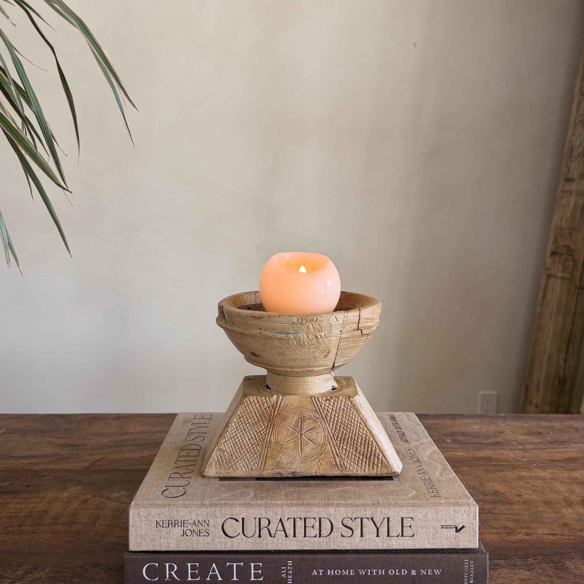 Vintage Teak Seeder Pillar Candle Holder | Hand-Carved Antique Farm Tool