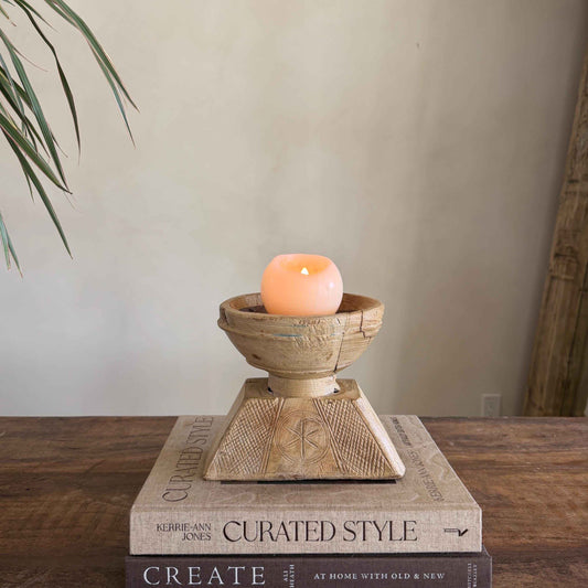 Vintage Teak Seeder Pillar Candle Holder | Hand-Carved Antique Farm Tool