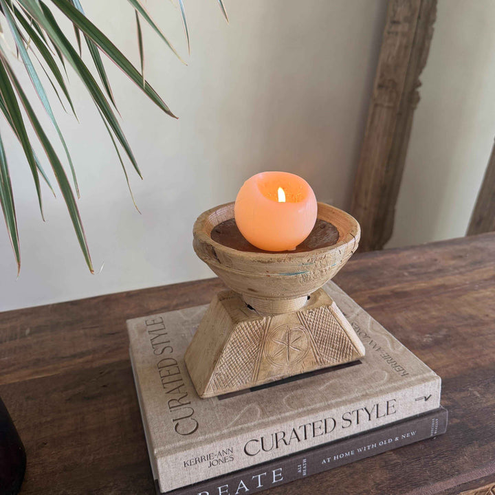 Vintage Teak Seeder Pillar Candle Holder | Hand-Carved Antique Farm Tool