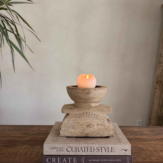 Vintage Teak Seeder Pillar Candle Holder | Hand-Carved Antique Farm Tool