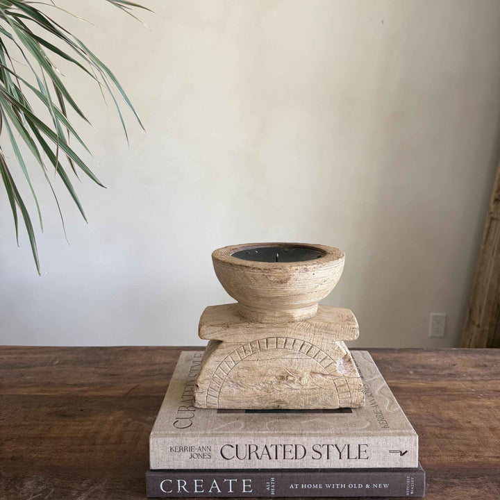 Vintage Teak Seeder Pillar Candle Holder | Hand-Carved Antique Farm Tool