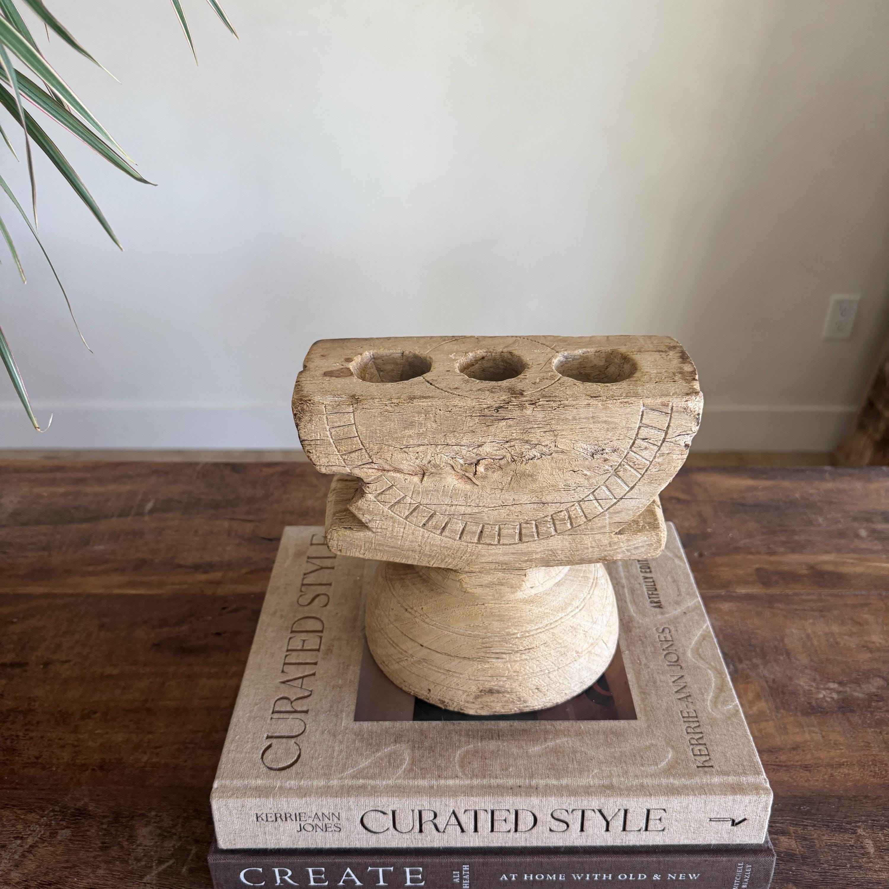 Vintage Teak Seeder Pillar Candle Holder | Hand-Carved Antique Farm Tool