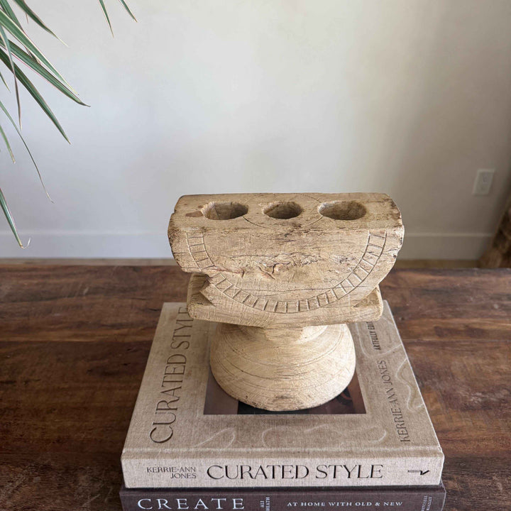 Vintage Teak Seeder Pillar Candle Holder | Hand-Carved Antique Farm Tool