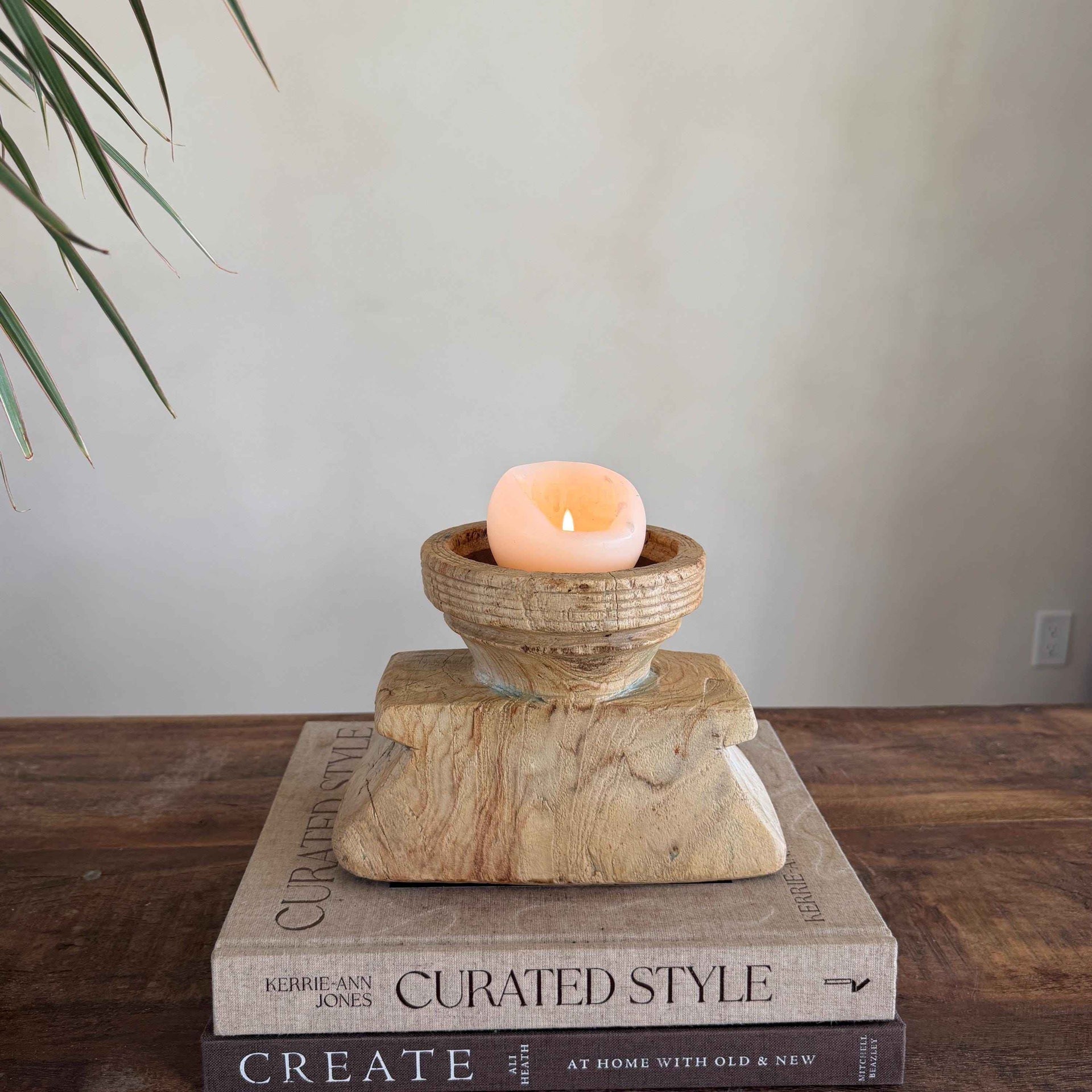 Vintage Teak Seeder Pillar Candle Holder | Hand-Carved Antique Farm Tool