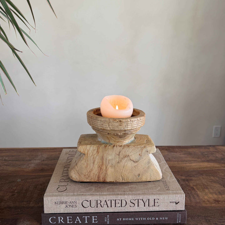 Vintage Teak Seeder Pillar Candle Holder | Hand-Carved Antique Farm Tool