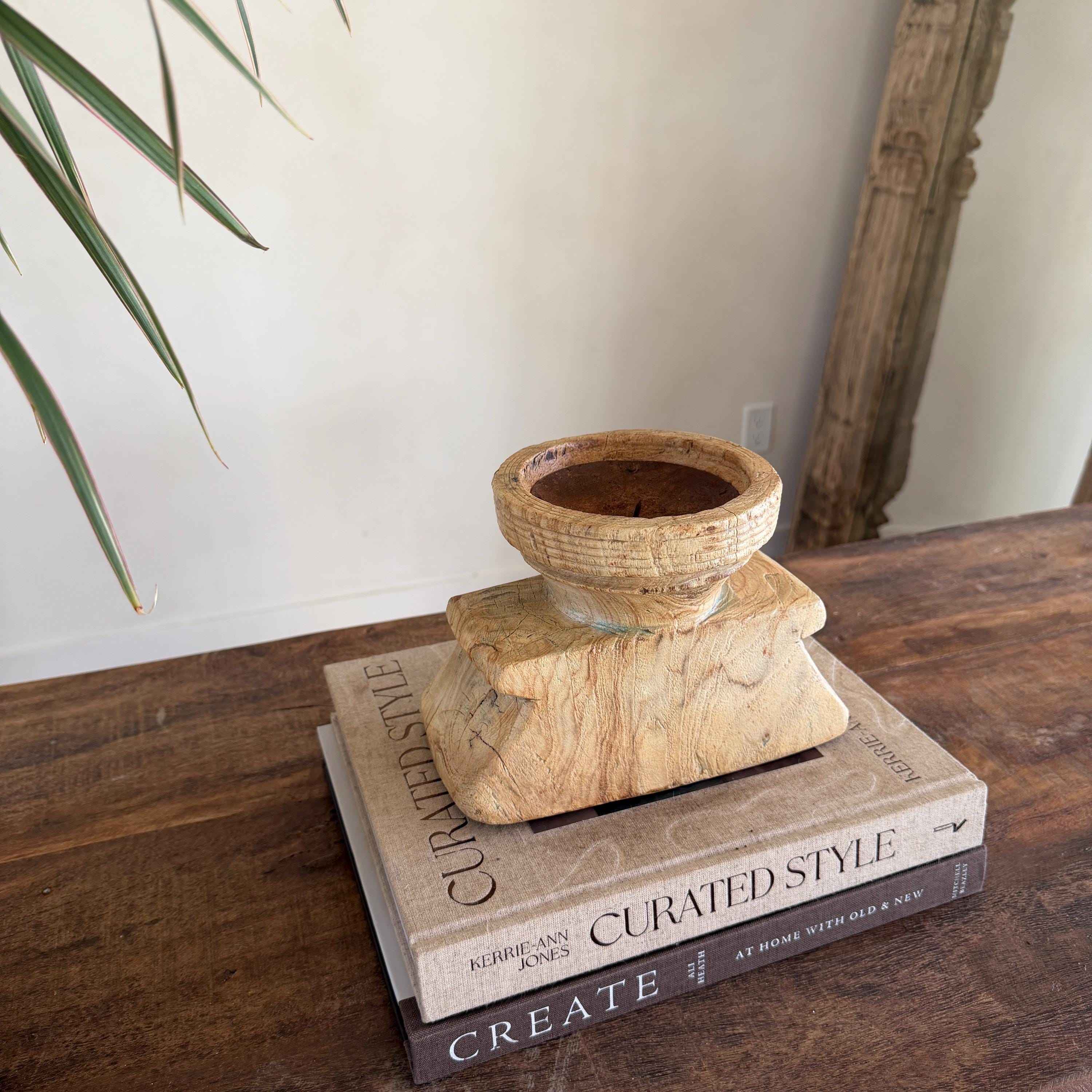 Vintage Teak Seeder Pillar Candle Holder | Hand-Carved Antique Farm Tool